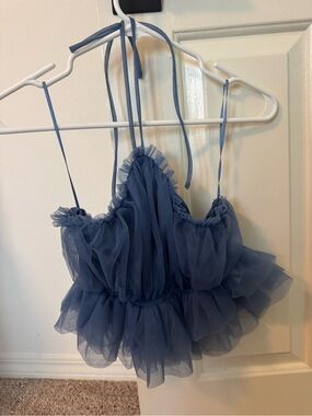NWT Blue Blush Dusty Blue Ruffled Tulle Crop Top | Size Small